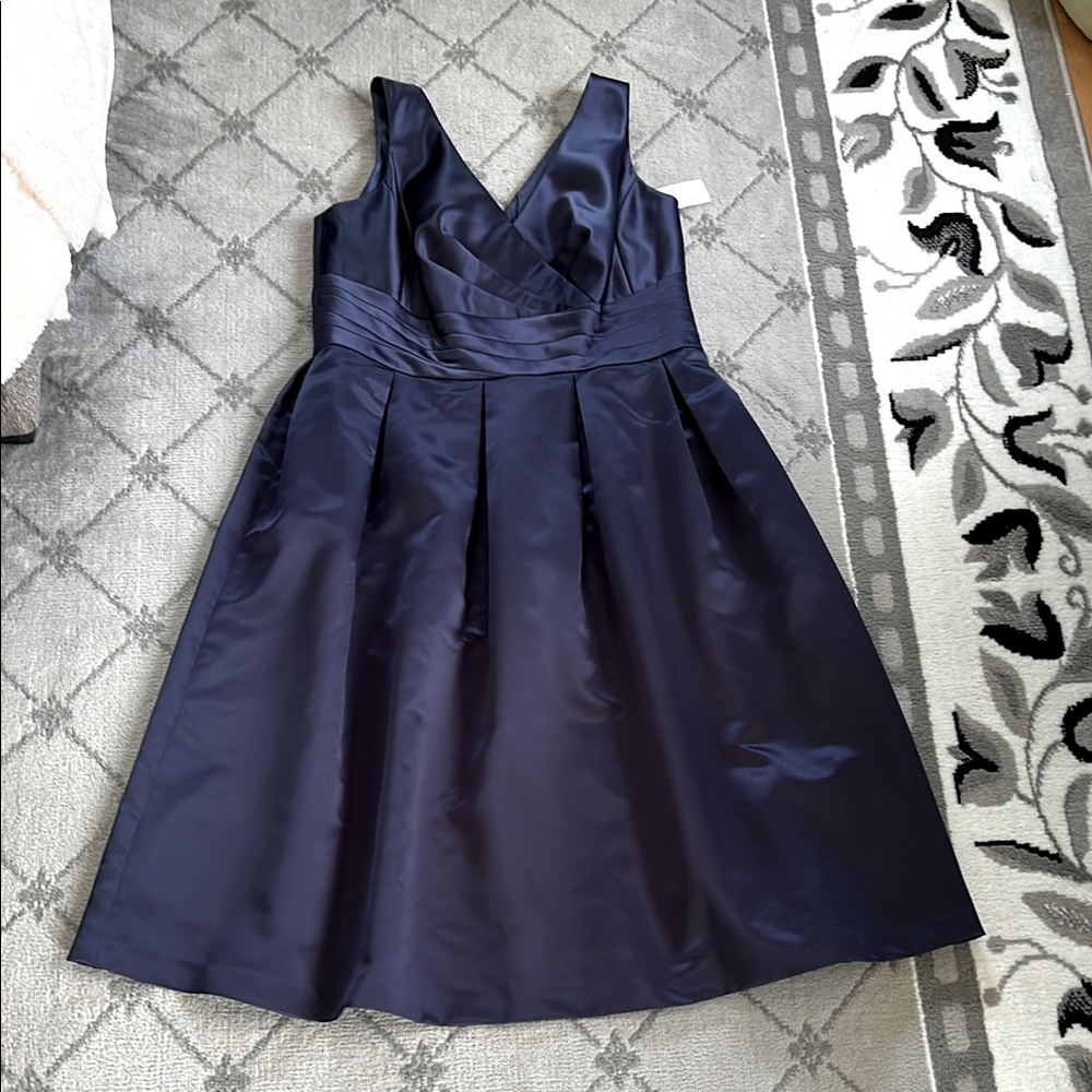 Calvin Klein Satin V-Neck Navy Midi Dress with Pleated Waist